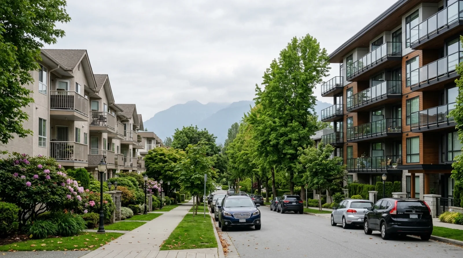 本拿比林荫街道两侧的出租公寓楼与新建 condo
