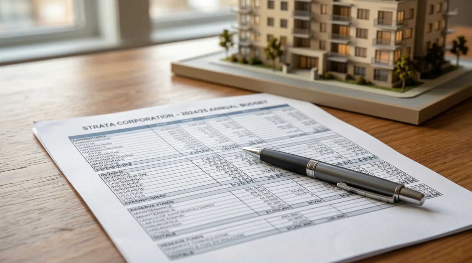 A strata budget spreadsheet printout beside a model of an apartment building